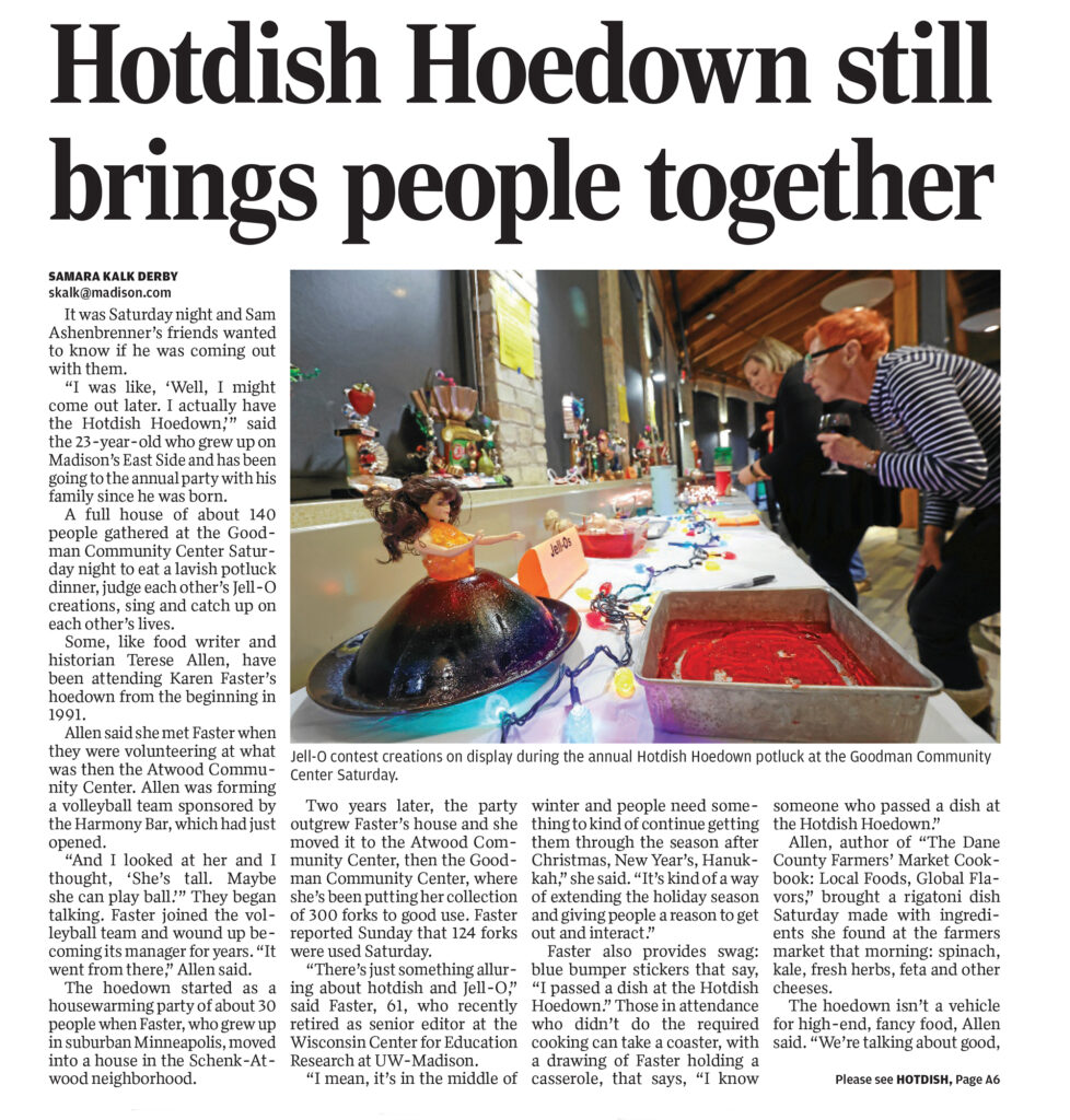 Bottom of Page A3 from the January 29, 2024, Wisconsin State Journal with two photos and article about Hotdish Hoedown
