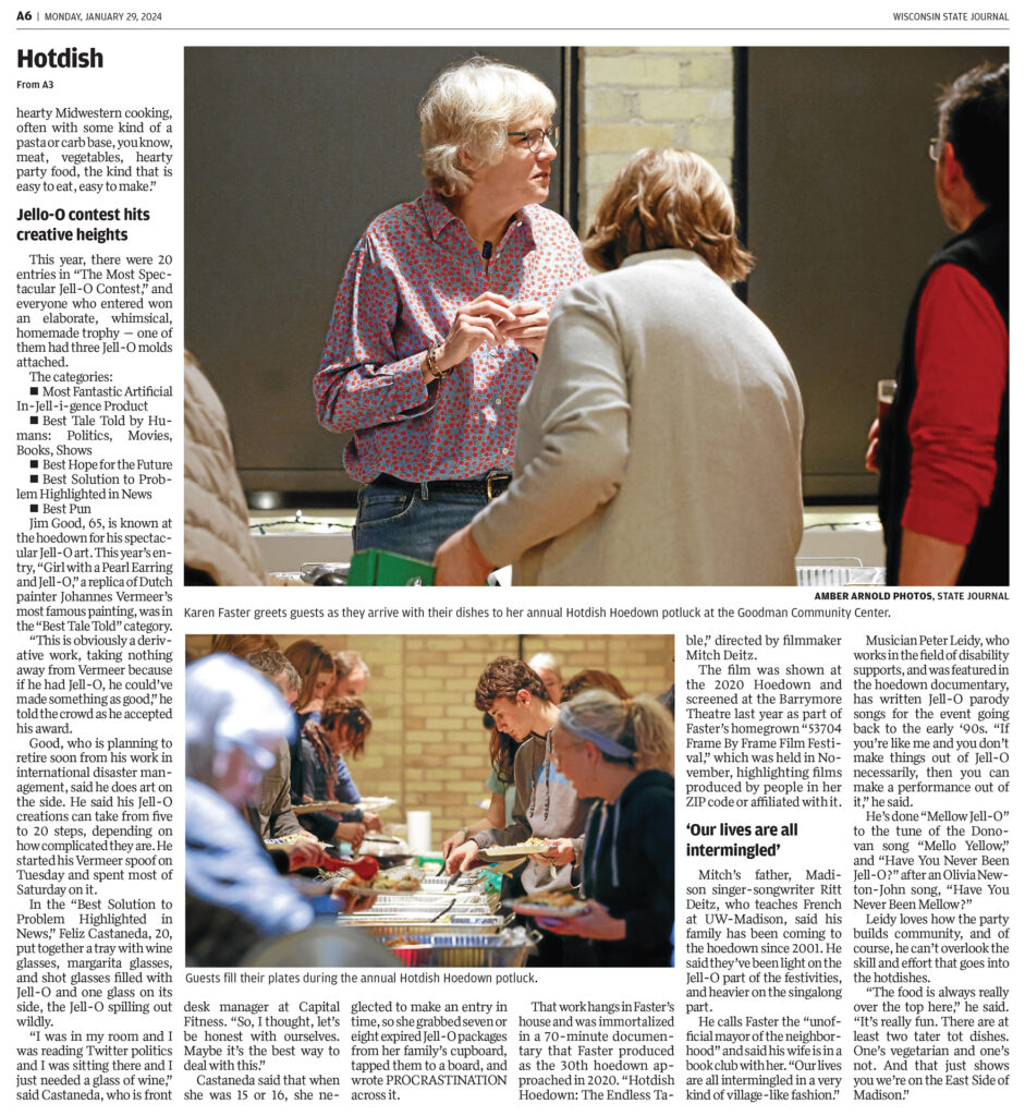 Page A6 from the January 29, 2024, Wisconsin State Journal with two photos and continuation of article about Hotdish Hoedown